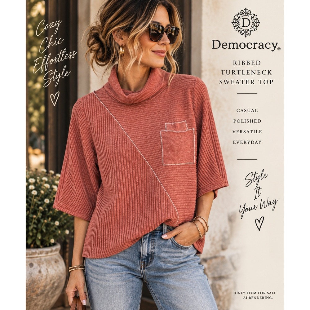 Democracy Medium Ribbed Turtleneck Sweater Terracotta 3/4 Sleeve Pocket Top